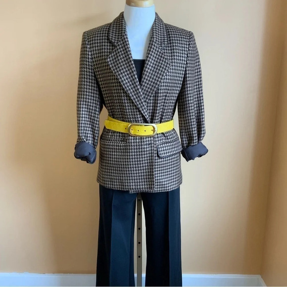 VINTAGE Brown/Tan Houndstooth Structured Blazer Size 10 - Picture 2 of 14